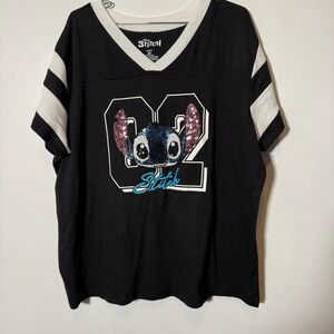 Disney Stitch Jersey Shirt Womens 2X Black Sequin Graphic V-Neck Tee